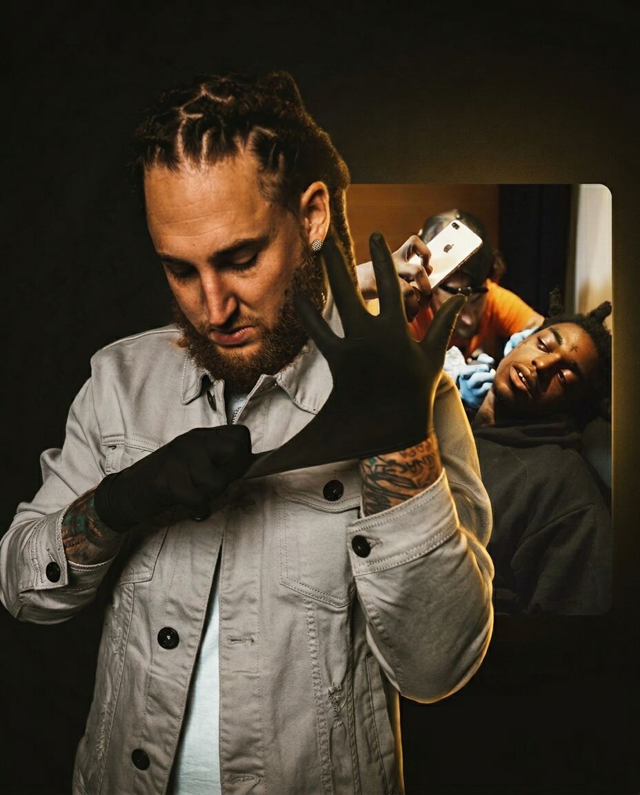 Chris Young, owner of Gold Minds Tattoo Gallery, with a scene of him tattooing Kodak Black